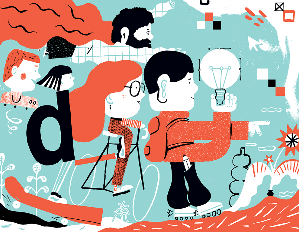 Woman on a bicycle, man on a roller skates holding a light bulb, a small letter d