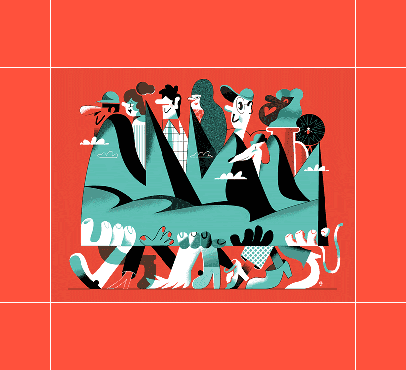 Women, men and a dog carrying together mountains