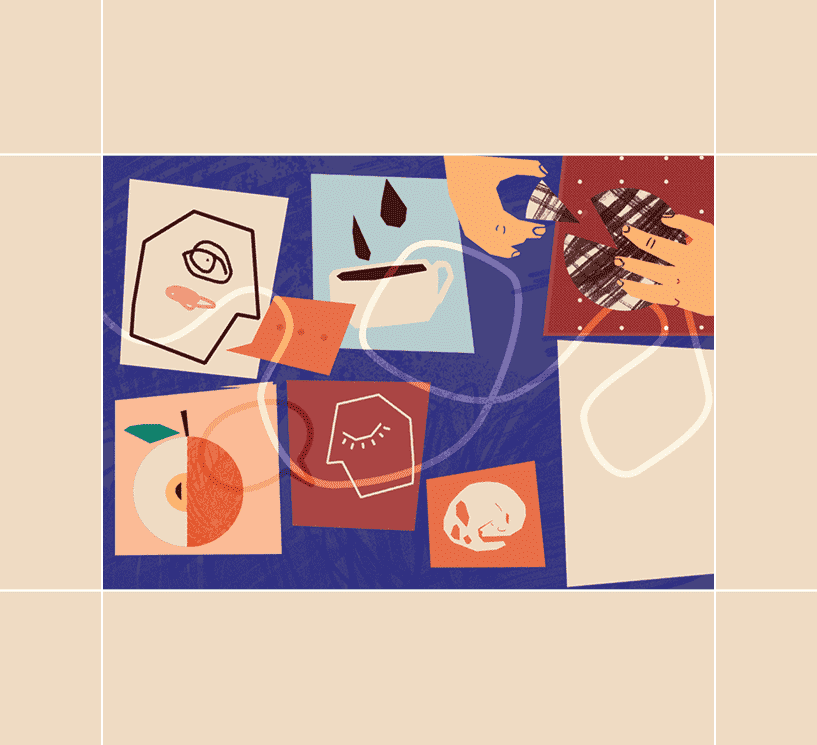 Abstract images of a face, coffee, puzzles, apple and a dog