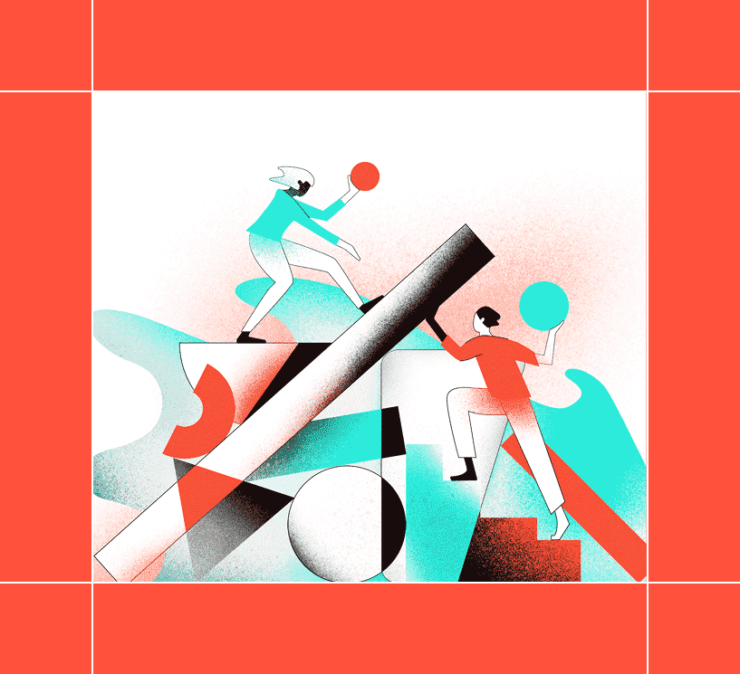 Woman and a men climbing on an abstract figures, both holding a sphere