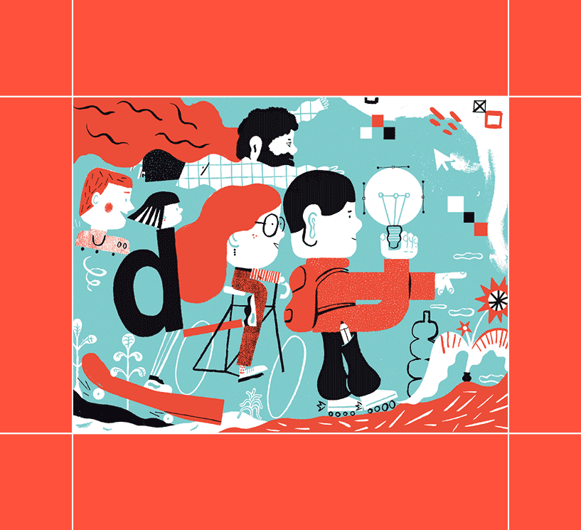 Woman on a bicycle, man on a roller skates holding a light bulb, a small letter d