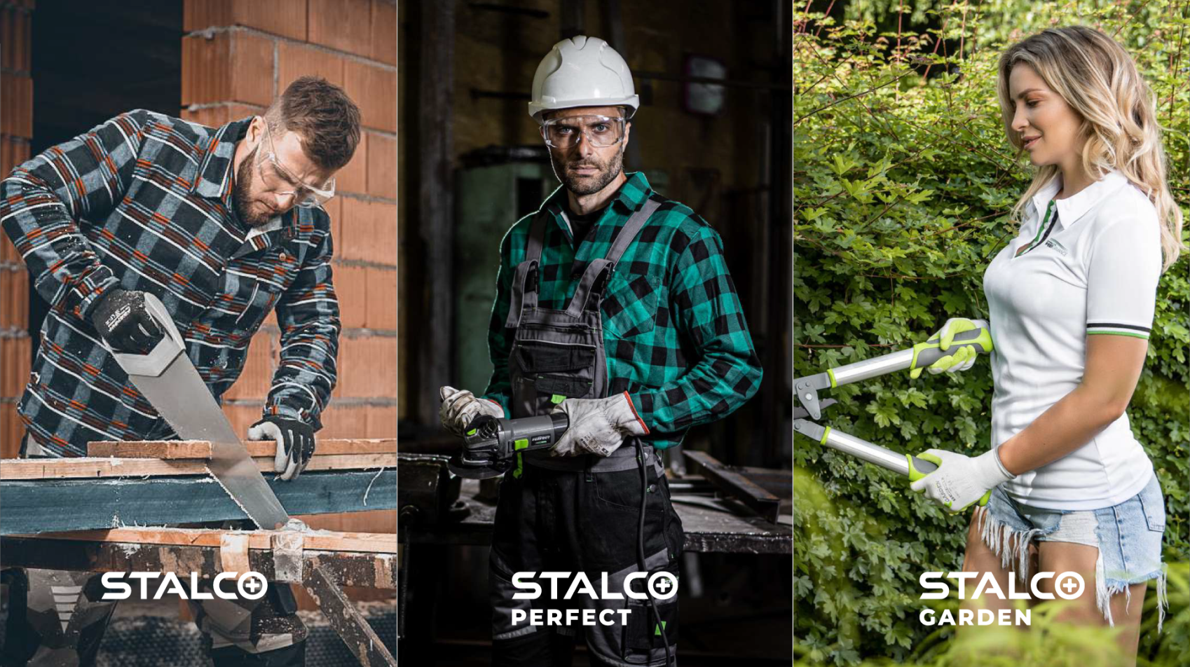 A construction worker sawing wood, a construction worker using heavy duty machine, a gardener trimming bushes.